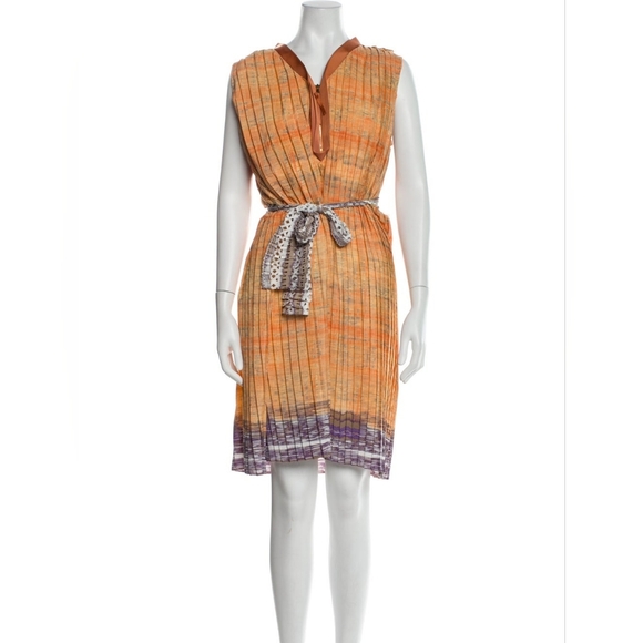 Elie Tahari Orange Abstract Pleated Sheath Tunic Dress Knee Length Sz 12 Flowy - Picture 1 of 8